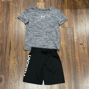 Under Armour Heathered Gray Tee and Black Shorts